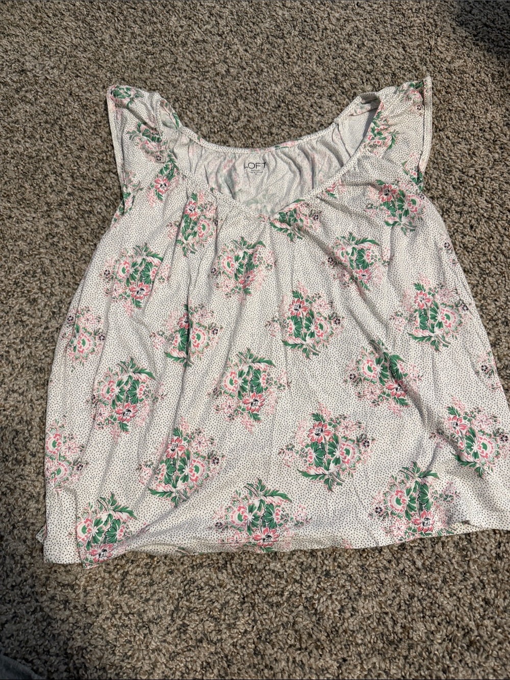 LOFT White Floral V-Neck Sleeveless Top with Pink & Green Print